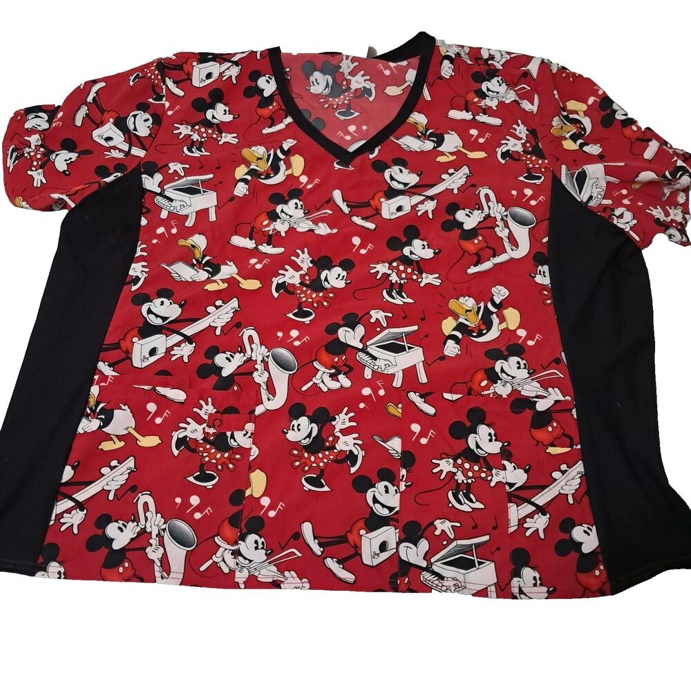 Disney Minnie And Mickey Mouse Music  Healthcare V Neck Scrub Top Red Size 4XL